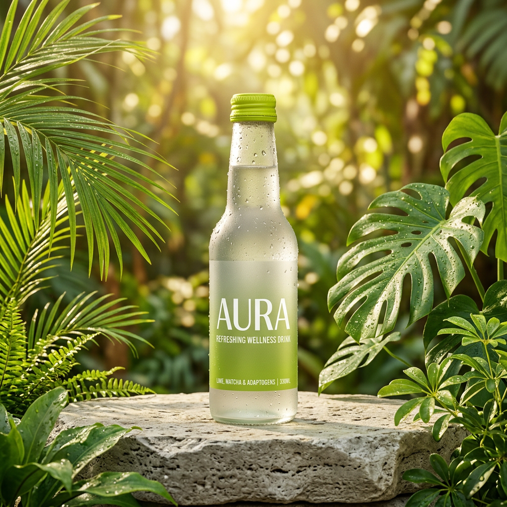 Bottle of Aura refreshing wellness drink with lime, matcha, and adaptogens, surrounded by green tropical plants.