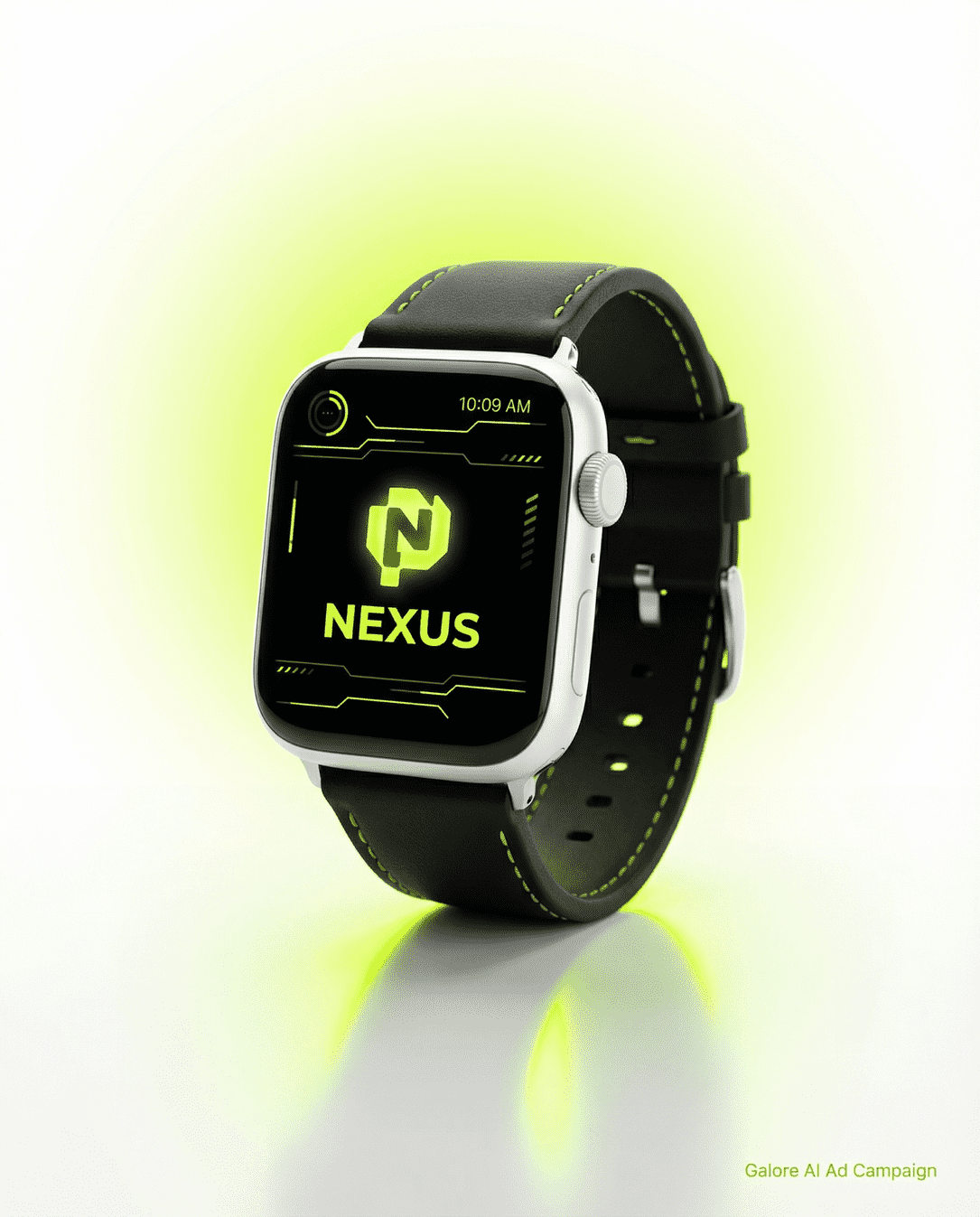 Smartwatch with black band and neon green stitching displaying a digital screen with the glowing text and logo 'NEXUS' and time 10:09 AM.