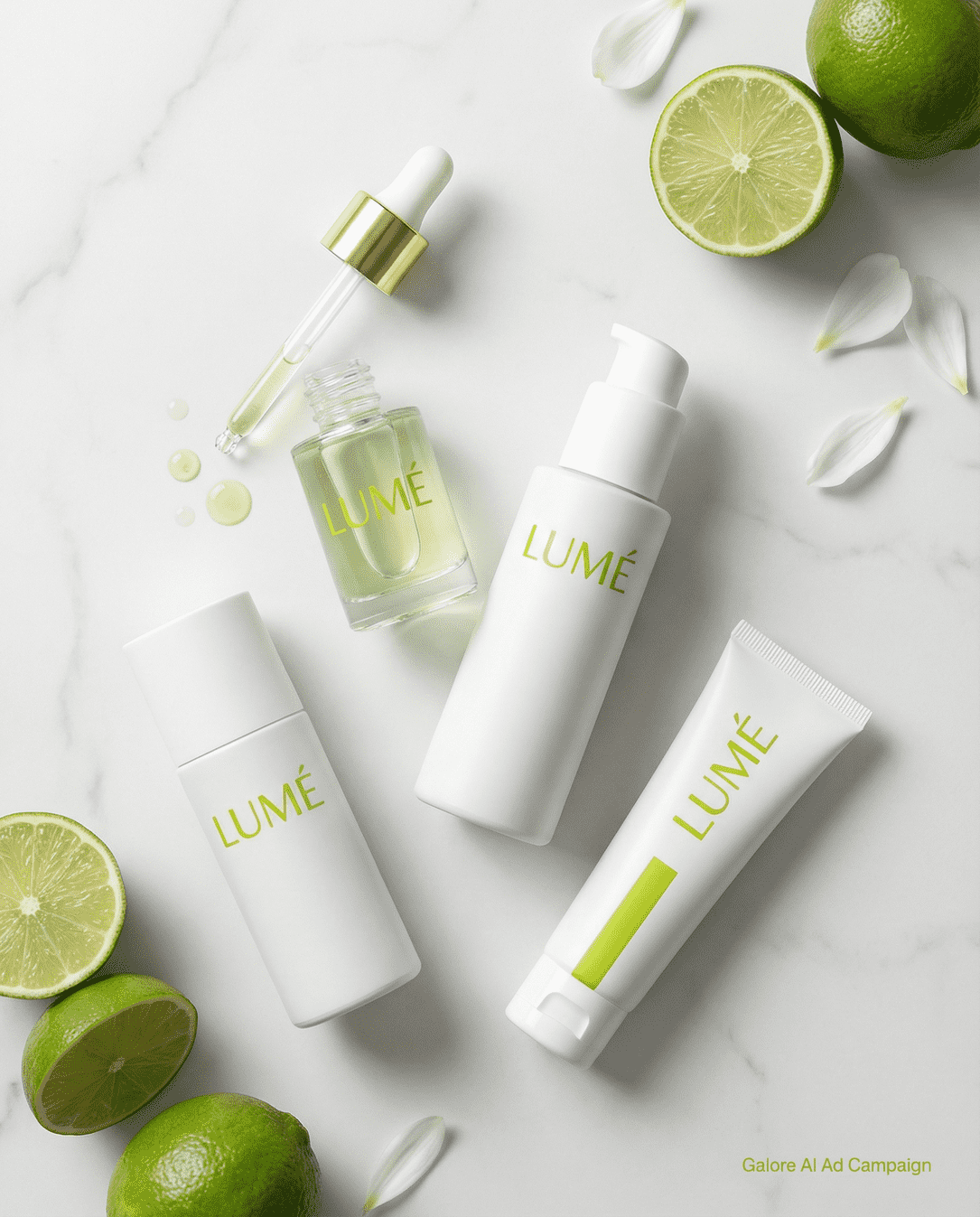 Flat lay of LUMÉ skincare products including a dropper bottle, pump bottle, tube, and another bottle with limes and white petals on a marble surface.