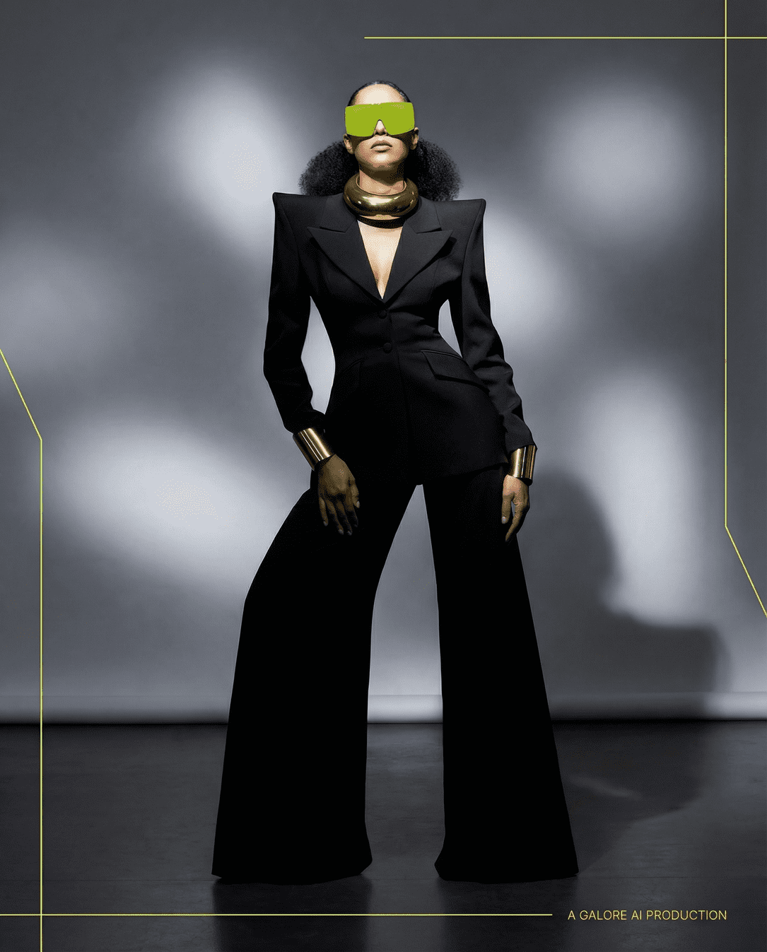 Person in a black suit with wide-legged pants, wearing large yellow-green visor sunglasses, gold neck cuff, and matching wrist cuffs, standing against a grey background.