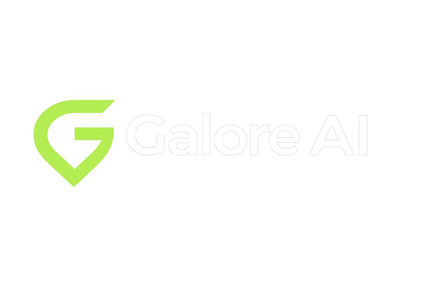 Glowing green stylized G logo with the text Galore AI on a light gray background.