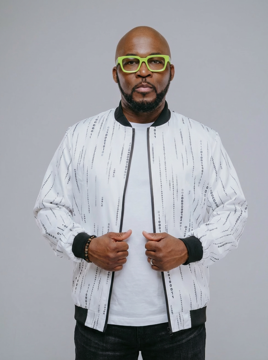 Bald man with a beard wearing bright green glasses, a white patterned jacket, and a white shirt, standing against a gray background.
