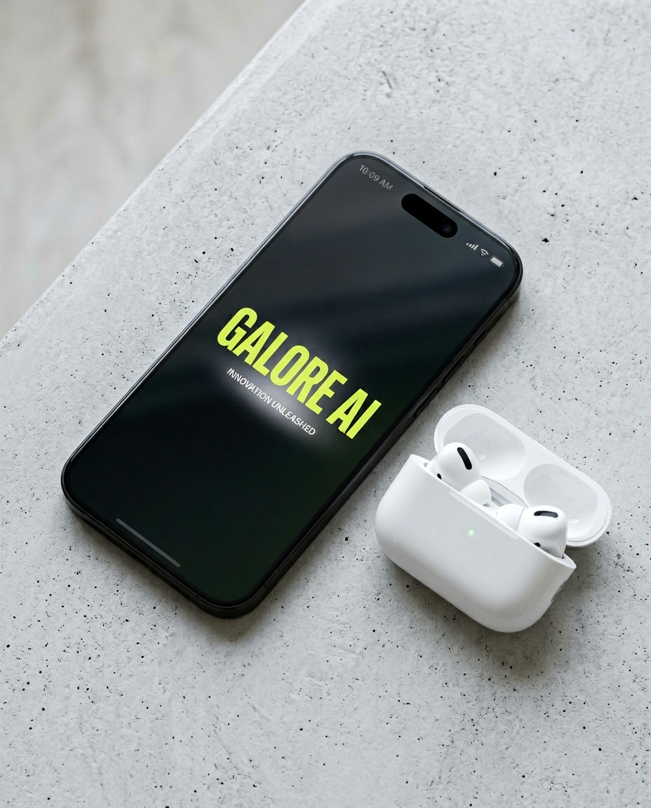 Smartphone displaying 'GALORE AI INNOVATION UNLEASHED' next to an open white wireless earbuds case on a light speckled surface.