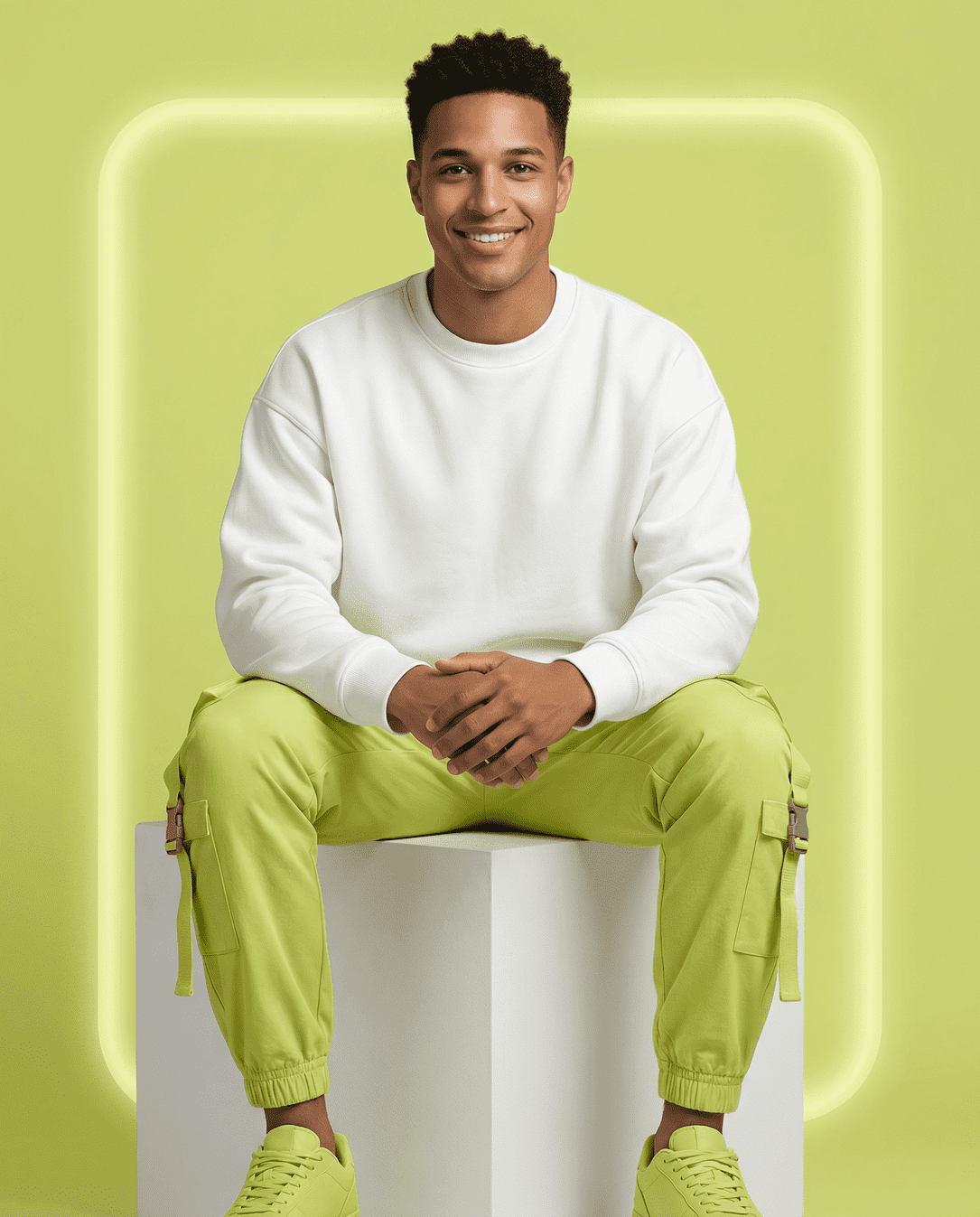 Smiling young man with short curly hair dressed in a white sweatshirt and lime green cargo pants and sneakers, sitting on a white block against a light green background.
